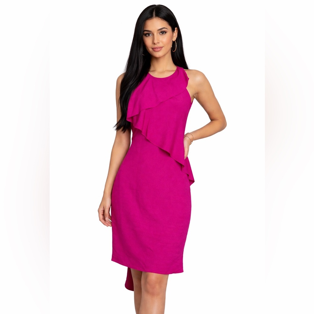 Backless highlow Halter Cocktail drape cape Dress FUCHSIA PINK PURPLE assymetric